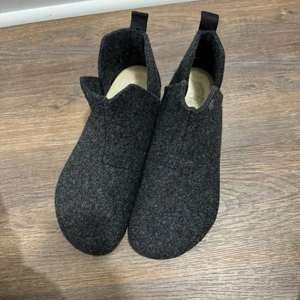 Birkenstock Andermatt Wool Felt Slipper Booties Black Grey Sz 44 Shearling Lined